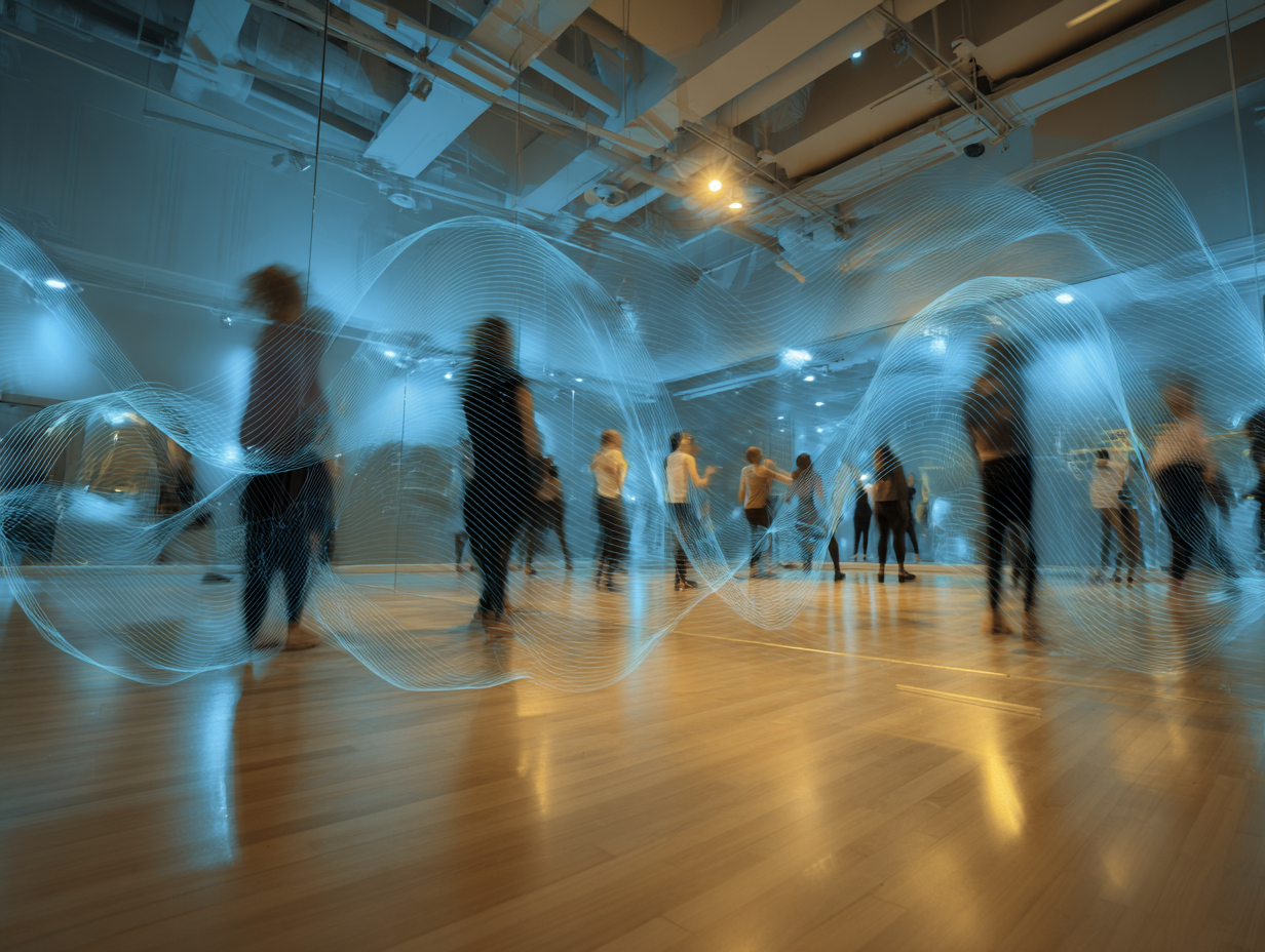 Dance class in a studio with visible sound wave reflections bouncing off hard surfaces